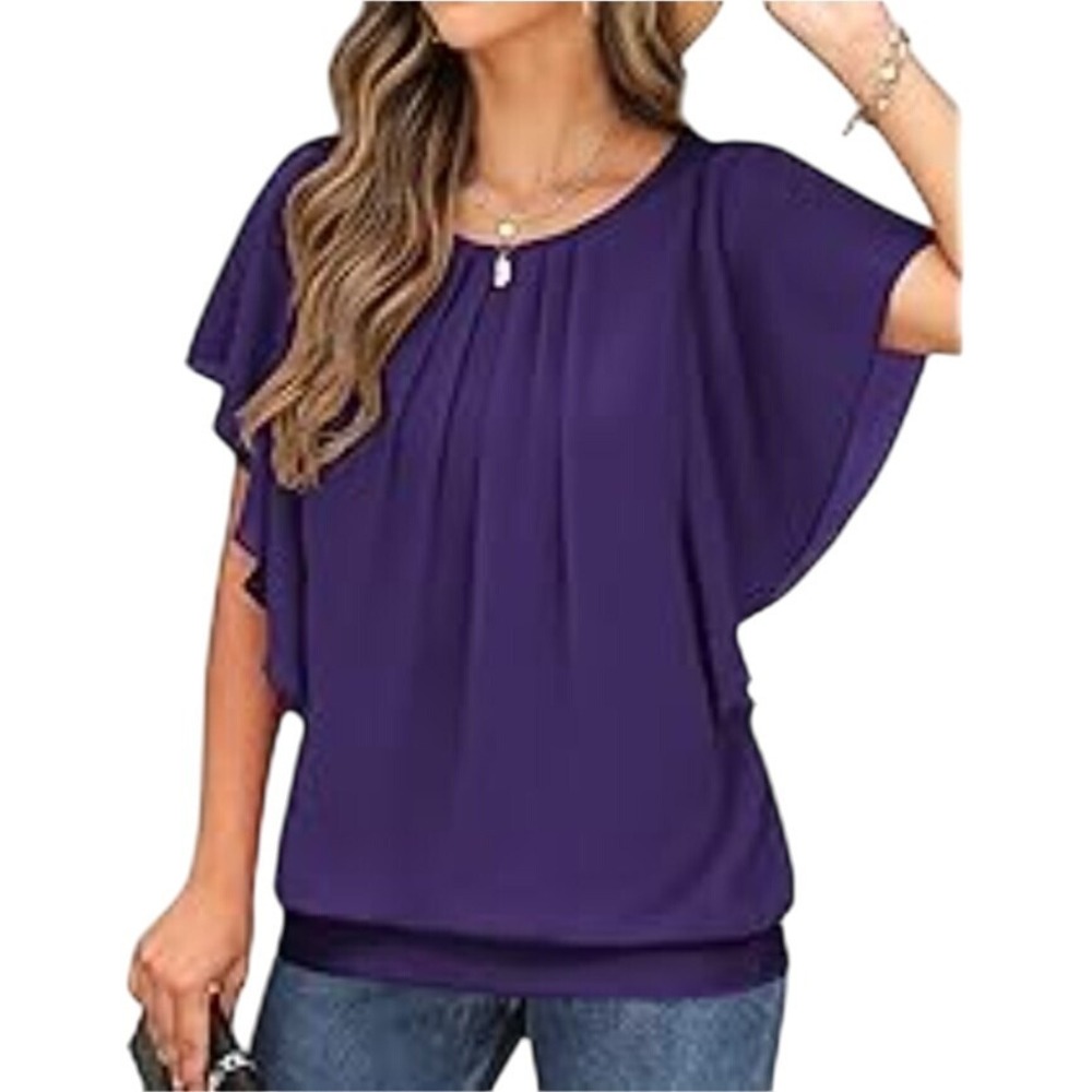 Purple Flutter Sleeve Blouse Top Pleated‎ Scoop Neck Elegant Party Career